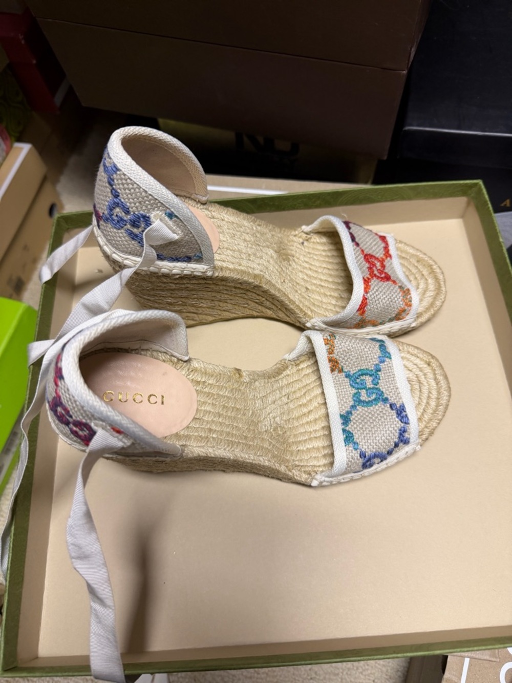 Gucci Multicolor GG Canvas Espadrille Wedge Sandals